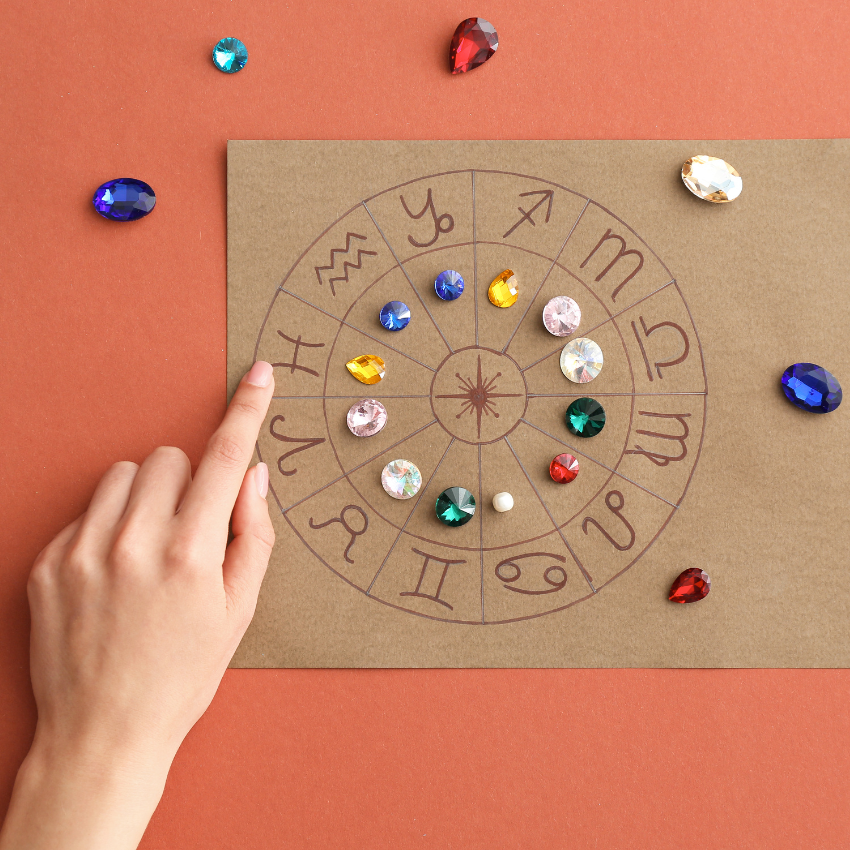 A hand points to a zodiac wheel with different birthstones for each sign.
