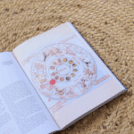 A book is open to a page with a zodiac chart.