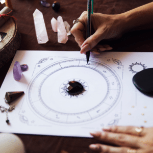 pair of hands writing information on a piece of paper showing a birth chart