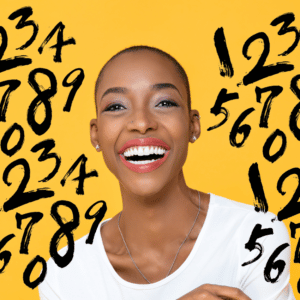 woman smiling with numbers floating around in a yellow background