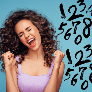 woman with curly hair shouting in glee with numbers floating in the background