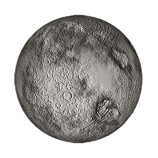 Illustrated planet Chiron has shades of grey and black showing texture and pits on the planet's surface