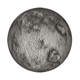 Illustrated planet Chiron has shades of grey and black showing texture and pits on the planet's surface