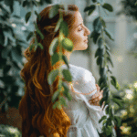 woman with long red hair in a white shirt with her eyes closed holding her arms among hanging green vines