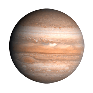 Illustrated Jupiter has hues of cream, brown, and orange, depicting linear striations across its round surface