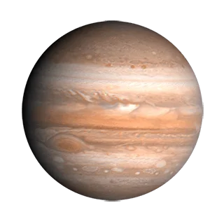 Illustrated Jupiter has hues of cream, brown, and orange, depicting linear striations across its round surface