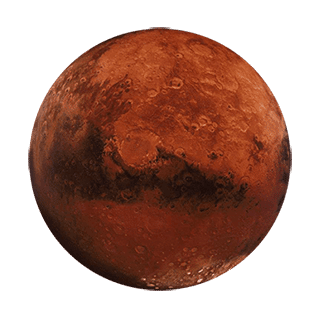 Illustrated planet Mars is hues of red, brown, and orange and depicts the texture of the planet with pits, valleys, and darker marks