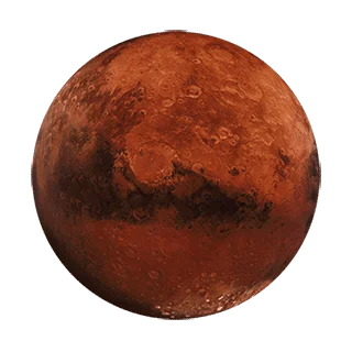 Illustrated planet Mars is hues of red, brown, and orange and depicts the texture of the planet with pits, valleys, and darker marks