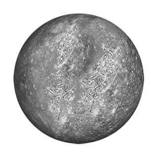 An illustration of planet Mercury that shows its pitted, and speckled grey surface
