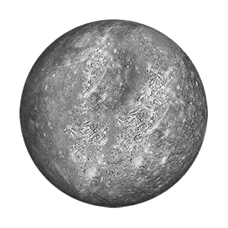 An illustration of planet Mercury that shows its pitted, and speckled grey surface