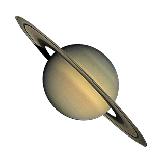 This illustration shows the yellow/brown/green planet Saturn with its rings circling around its round middle