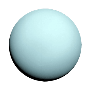 Illustrated planet Uranus is a light blue circle with a darkened black shadow on the left side.