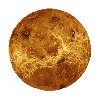 An illustration of planet Venus shows its orange and yellow surface covered in various textures