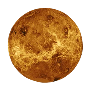 An illustration of planet Venus shows its orange and yellow surface covered in various textures