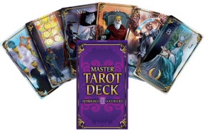 The Astrology Answers Master Tarot Deck is shown with 6 cards fanned out behind the purple and gold box.