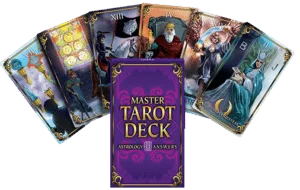 The Astrology Answers Master Tarot Deck is shown with 6 cards fanned out behind the purple and gold box.