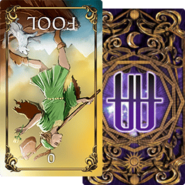 The Fool Tarot card in a reversed (upside down) position next to the Astrology Answers brand purple face down card.