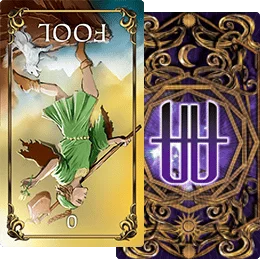 The Fool Tarot card in a reversed (upside down) position next to the Astrology Answers brand purple face down card.