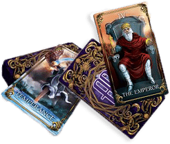 Astrology Answers brand Tarot cards Temperance and the Emperor are visible next to two face down cards.