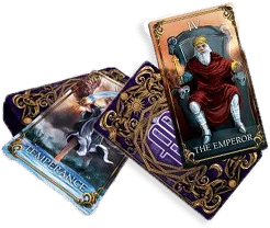 Astrology Answers brand Tarot cards Temperance and the Emperor are visible next to two face down cards.