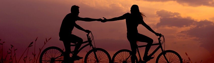 Two figures on bicycles holding hands are silhouetted by the sunset.