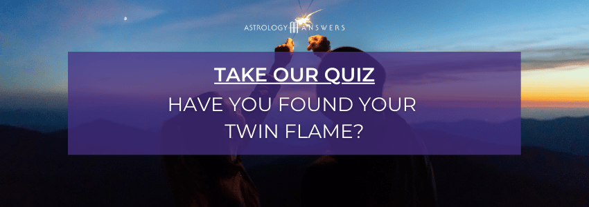 A banner saying "Take Our Quiz: Have You Met Your Twin Flame?" over a picture of a couple embracing at sunset.