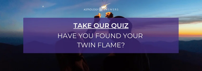 A banner saying "Take Our Quiz: Have You Met Your Twin Flame?" over a picture of a couple embracing at sunset.