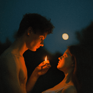 man holding a flame up to a woman's face against a night sky with a full moon