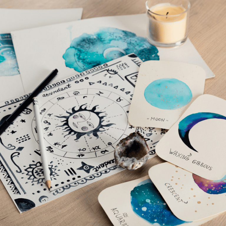 birth chart with a large sun in the middle on a table with astrology cards, pens, and a candle