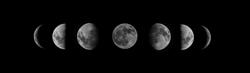 Each phase of the Moon is shown starting from a New Moon and ending, getting larger until it reaches the Full Moon, and then lessenging in size until the phases end with a New Moon