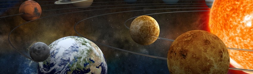 An illustration of the planets of the solar system revolving around the Sun.