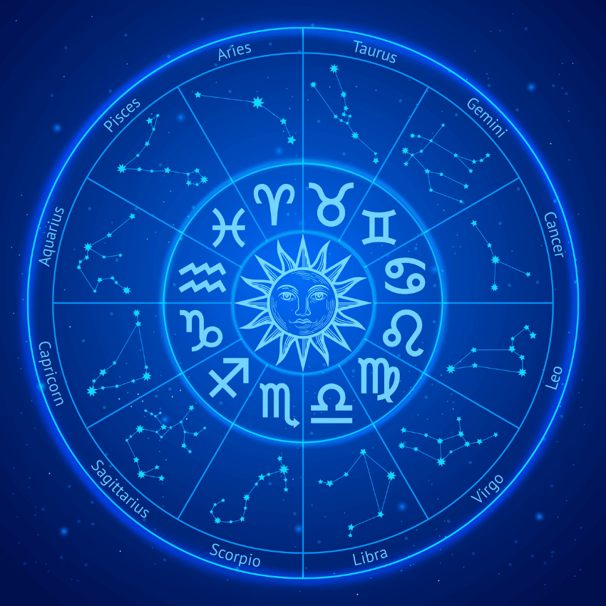 The birth chart shows the 12 sections of the zodiac split into 30 degree sections of different signs.