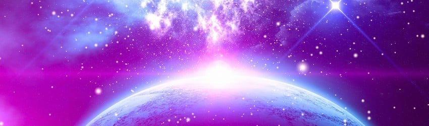 A planet in space surrounded by purple light and stars.