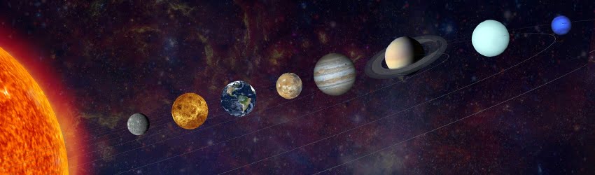 An illustrated depiction of the planets of the solar system in line with the Sun.