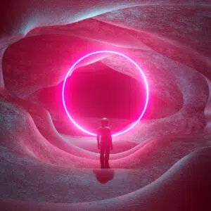 The back of a person shown standing next to a glowing pink circle, with an abstract spiral astrologically-inspired background.
