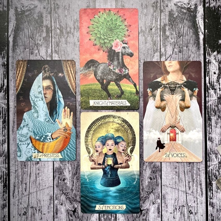 A sample tarot reading featuring the tarot cards: Knight of Materials, 2 of Voices, 3 of Emotions and The Priestess.