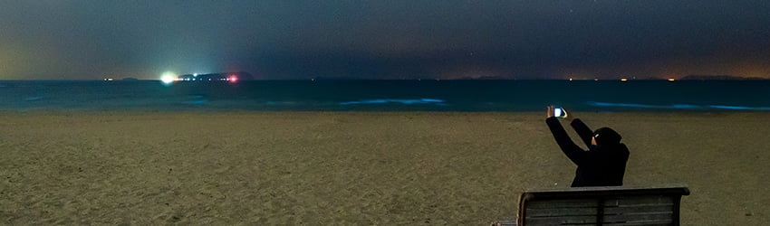 A person takes a picture of the starry sky above on a beach.