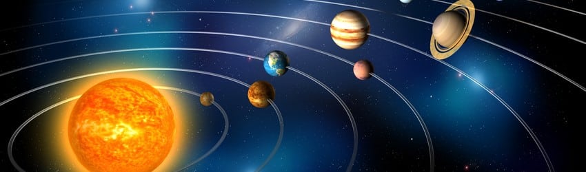 An illustration of the planets of the solar system in a line with the Sun.