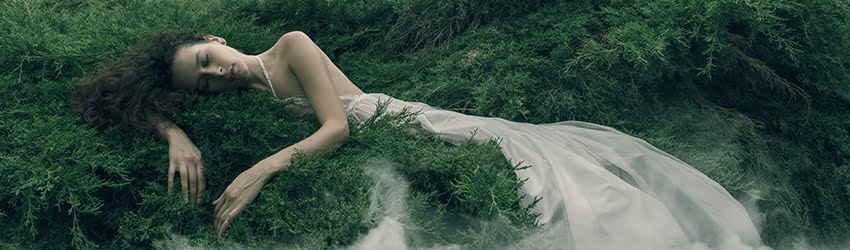 A woman with long brown hair and a white gown lays against the ground filled with lush, green trees. Her eyes are closed as if she is sleeping and she is embracing the tree.