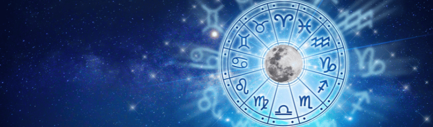 An illustration of the zodiac wheel on a blue background with constellations.