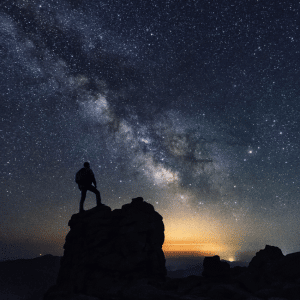 man standing on the edge of a cliff starring at a dark sky of stars