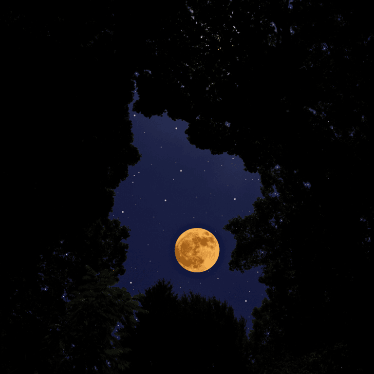 yellow full moon in the night sky peaking through the trees