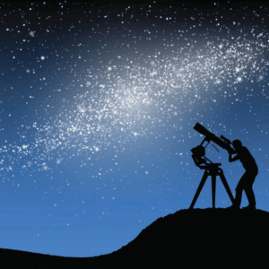 person on a hill with a telescope looking at a starry blue and white sky