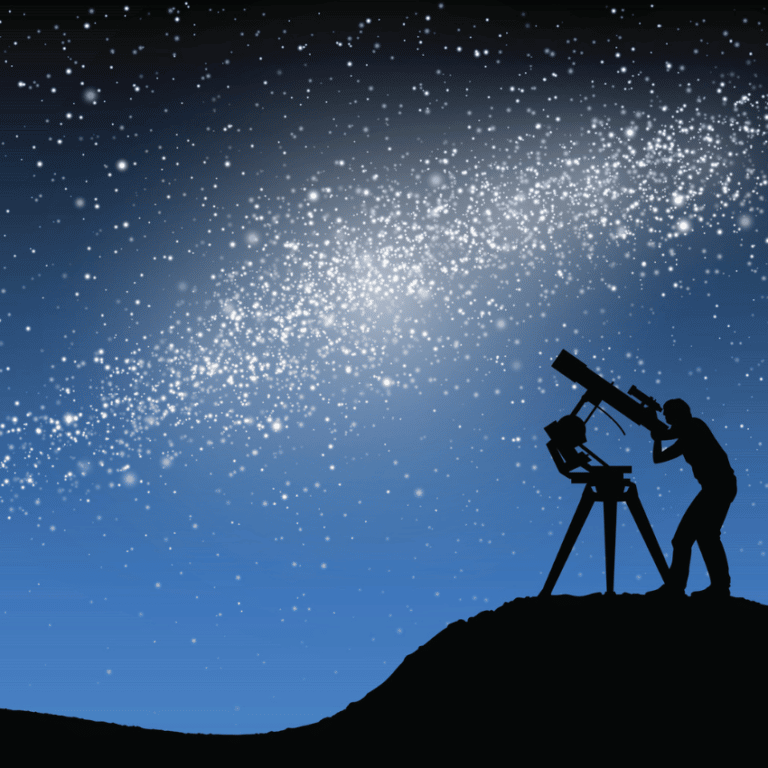 person on a hill with a telescope looking at a starry blue and white sky