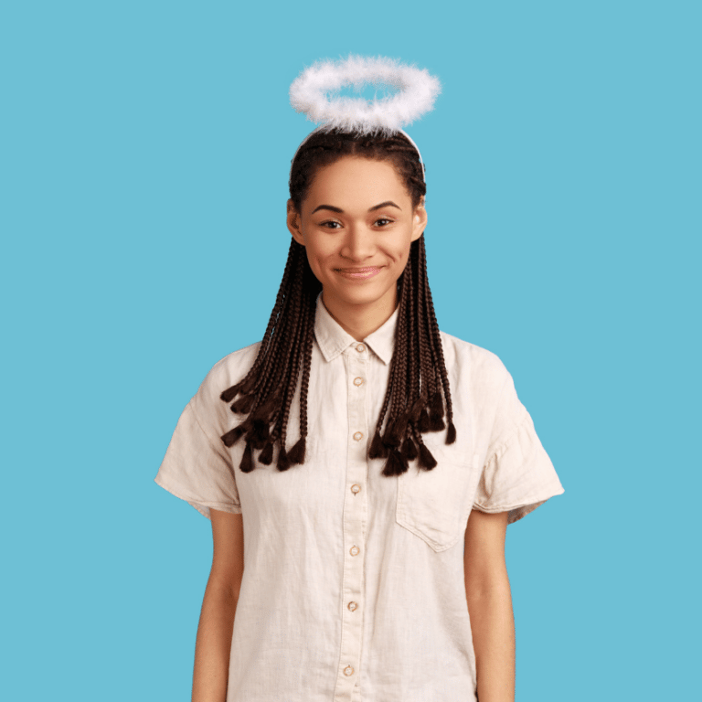 woman in white with dreadlocks with a white halo above her head