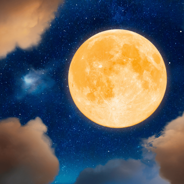 bright, yellow full moon against a dark blue starry sky with clouds