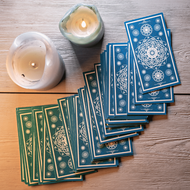 blue tarot cards spread across a wooden table with candles