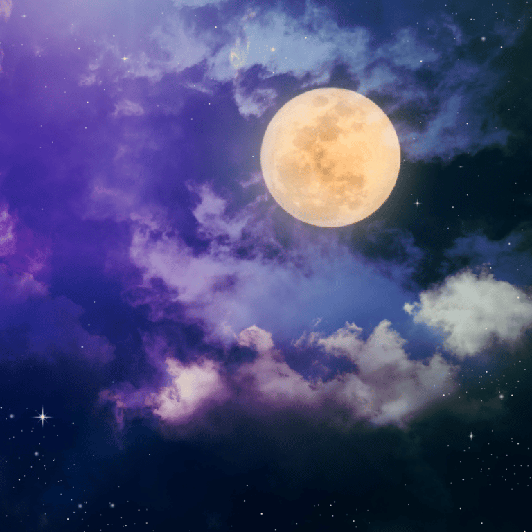 full moon in a purple and blue starry sky