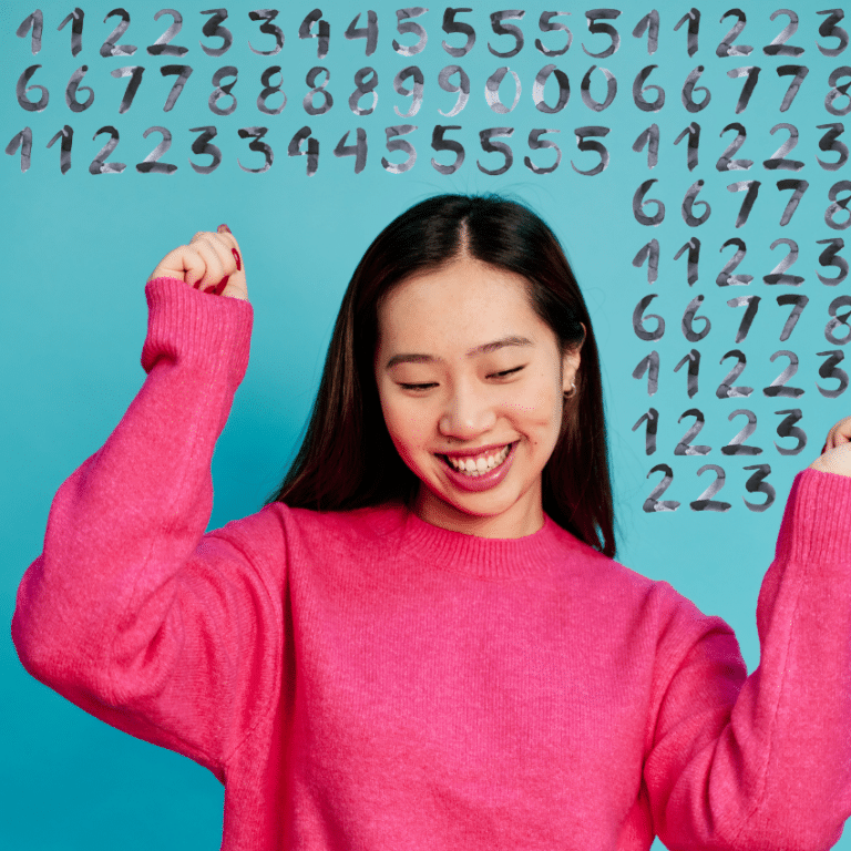 woman in a pink sweater smiling happily with black numbers floating behind her on a blue background