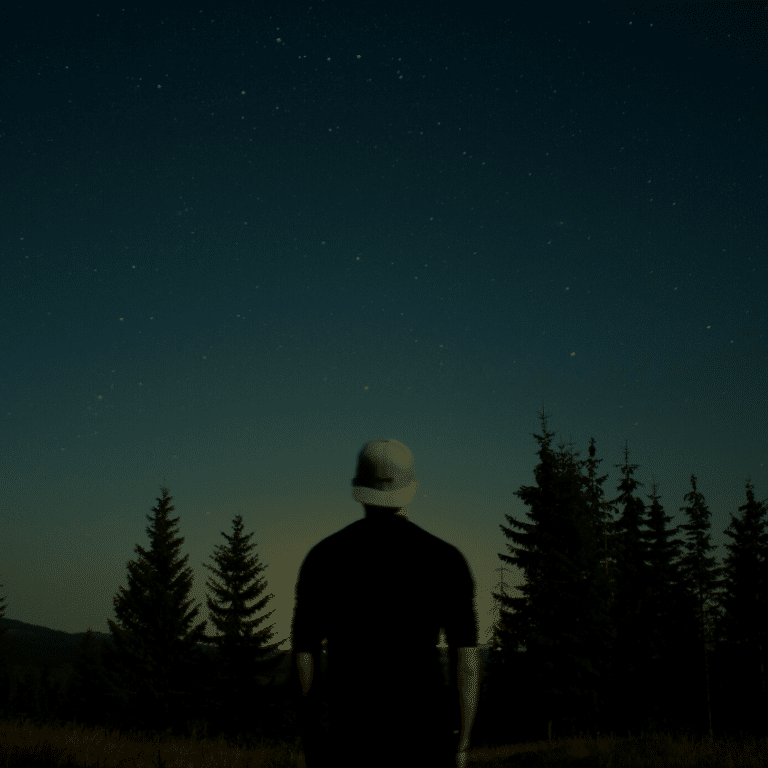 man in a baseball cap looking out to a forest full of trees and a blue starry sky